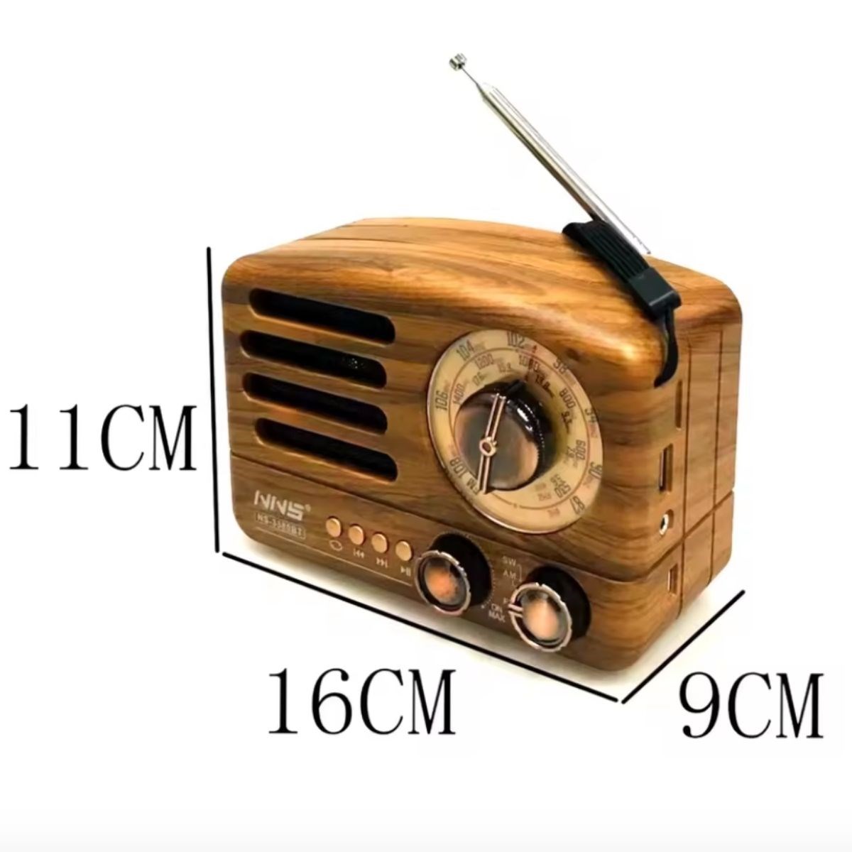 Küçük Boy Retro, Nostaljik, Ahşap Tasarım Bluetooth Hoparlörlü, Şarjlı, Taşınabilir Büyük Döndürülebilen Düğmeli FM/AM Destekli Radyo NS3380
