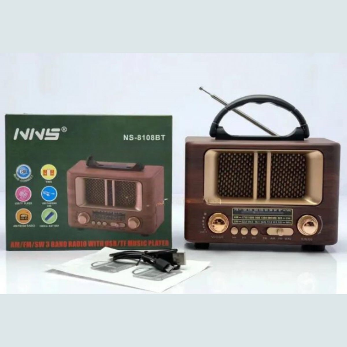 Küçük Mini Boy Retro Ahşap Tasarım Bluetooth Hoparlörlü Radyo – FM/AM Destekli, Şarjlı ve Taşınabilir Radyo NS-8108