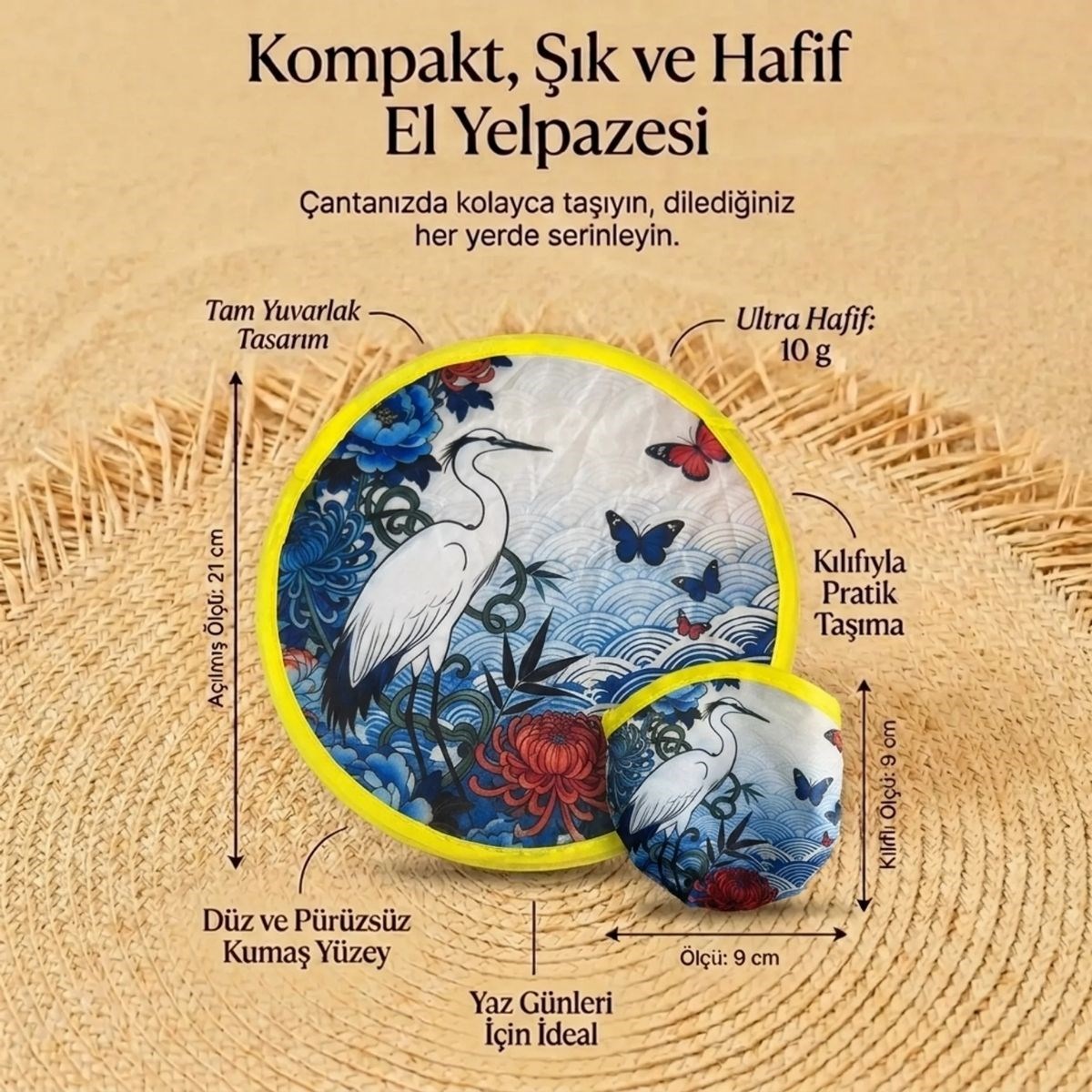Kuş ve Kelebek Desenli Katlanabilir Cep Yelpazesi - Japon Stili Kılıflı El Yelpazesi