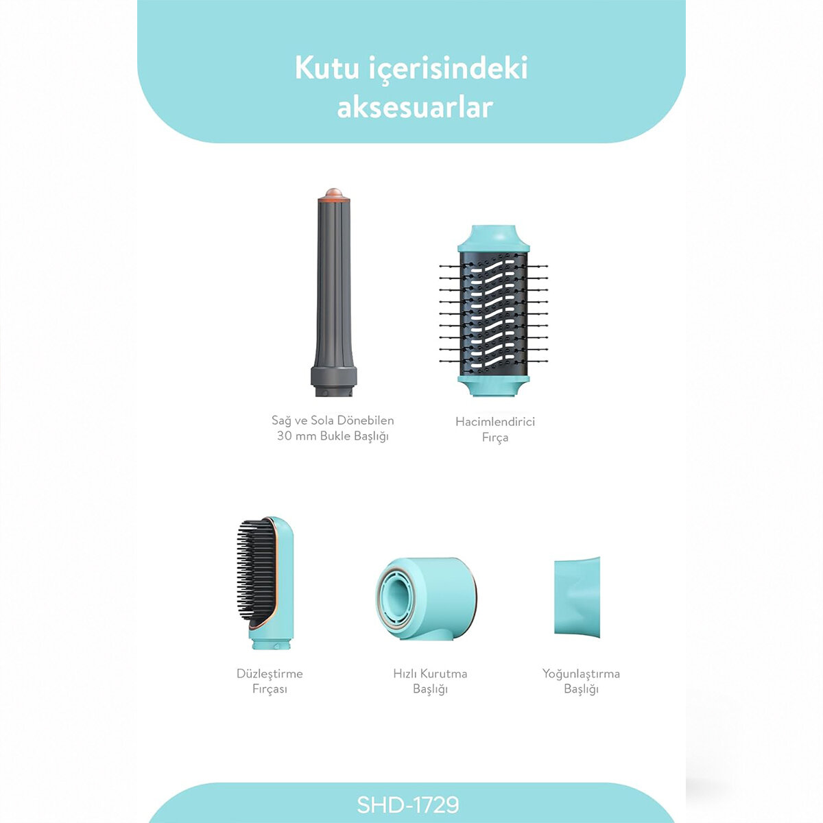 MAVİ AİR BRUSH 5İN1=BUKLE-HACİMLE-DÜZLEŞTİR-2-FIRÇA SAÇ KURUTMA - ŞEKİL MAKİNESİ 1300W 3-KDM.HIZ SICAKLIK SHD-1729