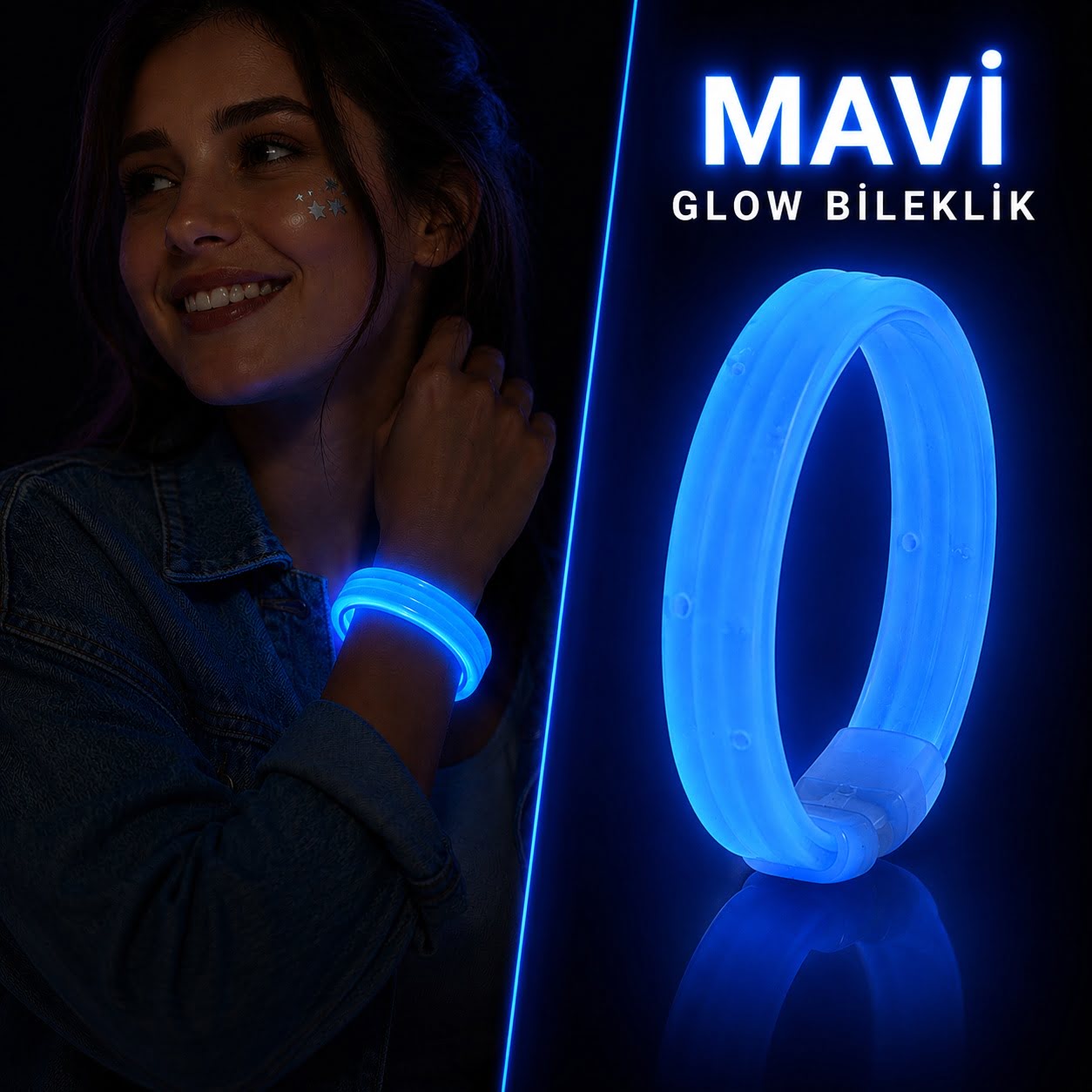 Mavi Kalın Glow Bileklik – Kırılarak Yanan Parti ve Festival Bilekliği