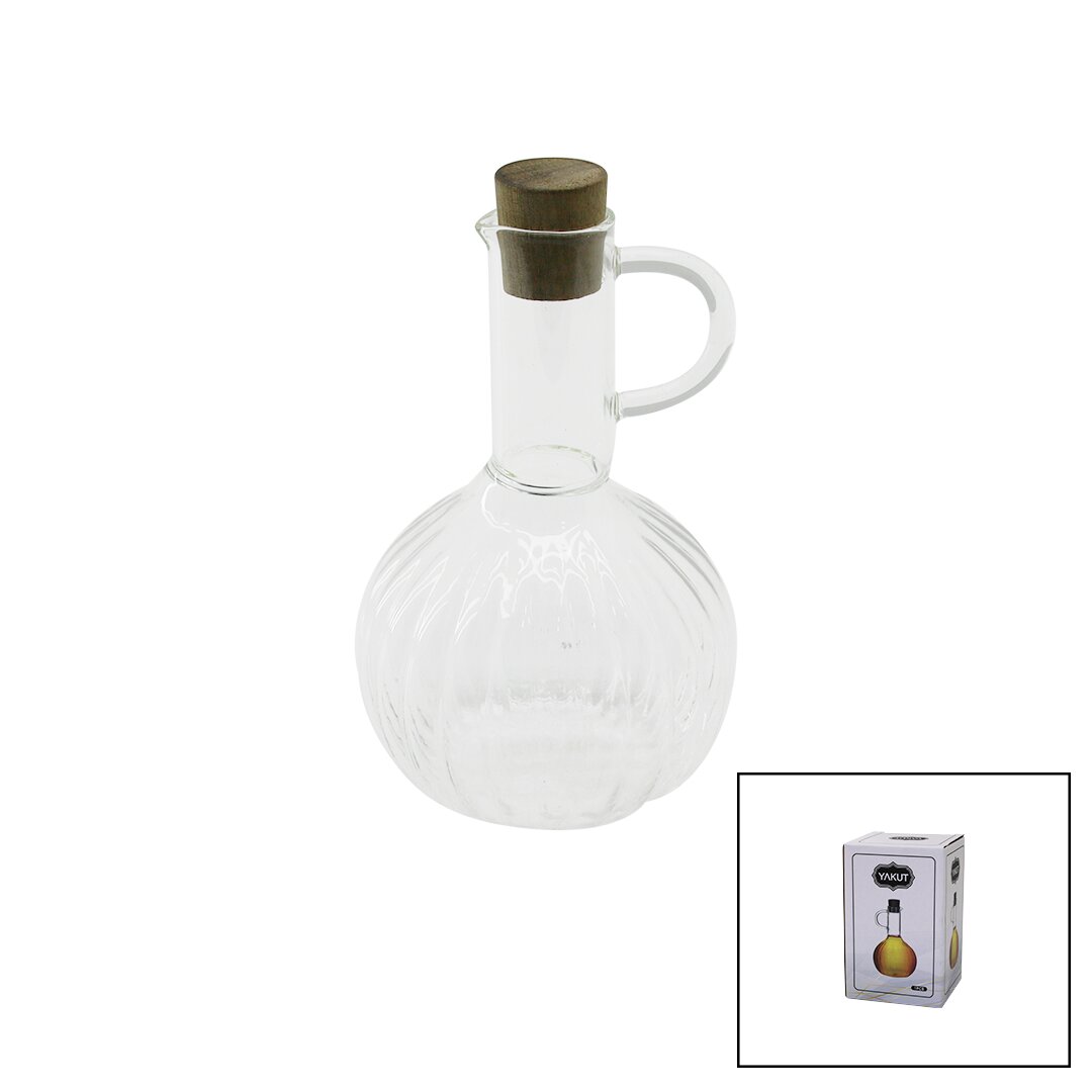 MİNİ CAM YAĞDANLIK ÇİZGİLİ DESEN 300ML AHŞAP BAMBU MANTAR TIPA