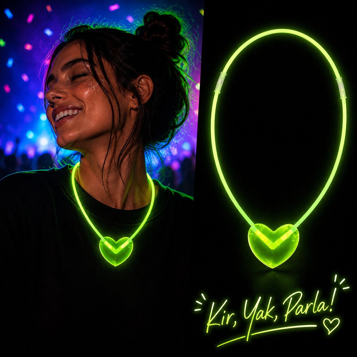 Neon Işıklı Fosforlu Kalp Parti Kolyesi Yeşil Renk