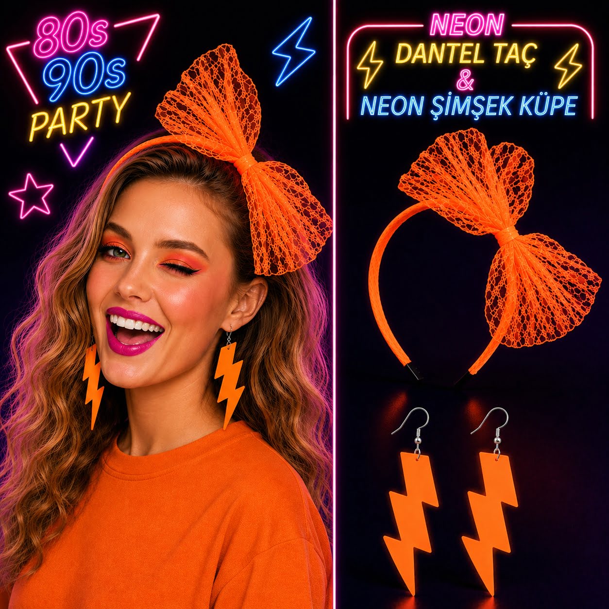Neon Turuncu Dantel Taç ve Şimşek Küpe 80'ler 90'lar Parti Seti