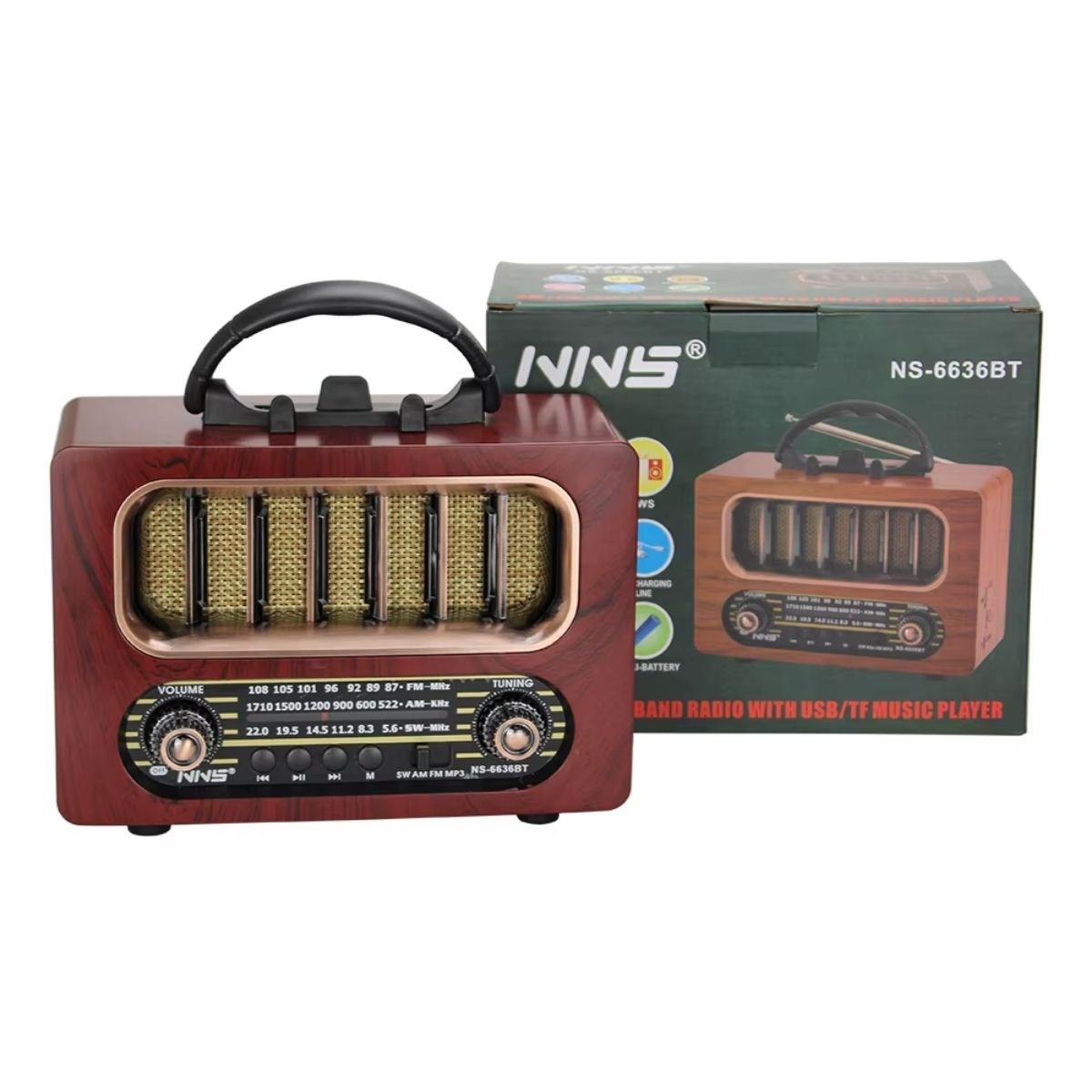 Orta Boy Retro Ahşap Tasarım Bluetooth Hoparlörlü Radyo – FM/AM Destekli, Şarjlı ve Taşınabiliri Radyo NS-6636