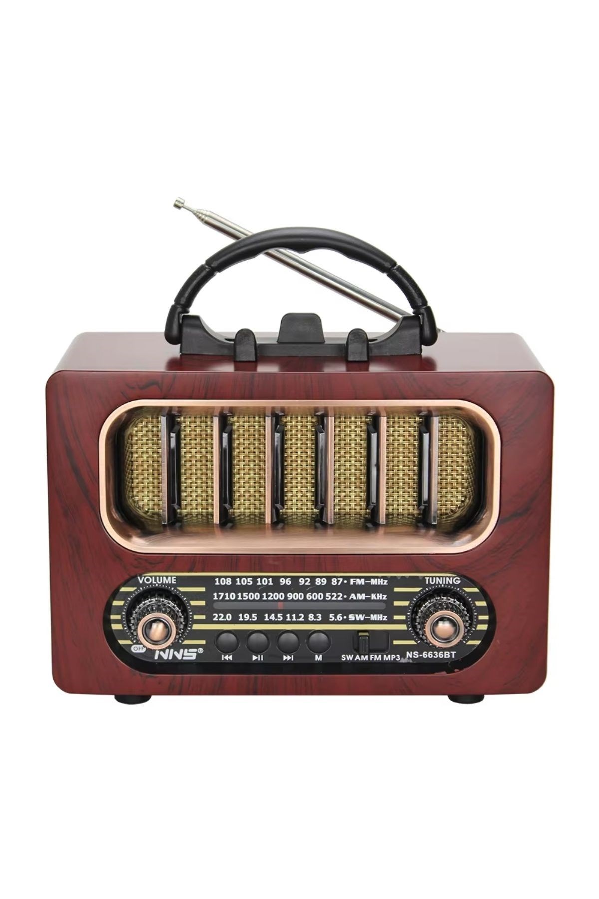 Orta Boy Retro Ahşap Tasarım Bluetooth Hoparlörlü Radyo – FM/AM Destekli, Şarjlı ve Taşınabiliri Radyo NS-6636