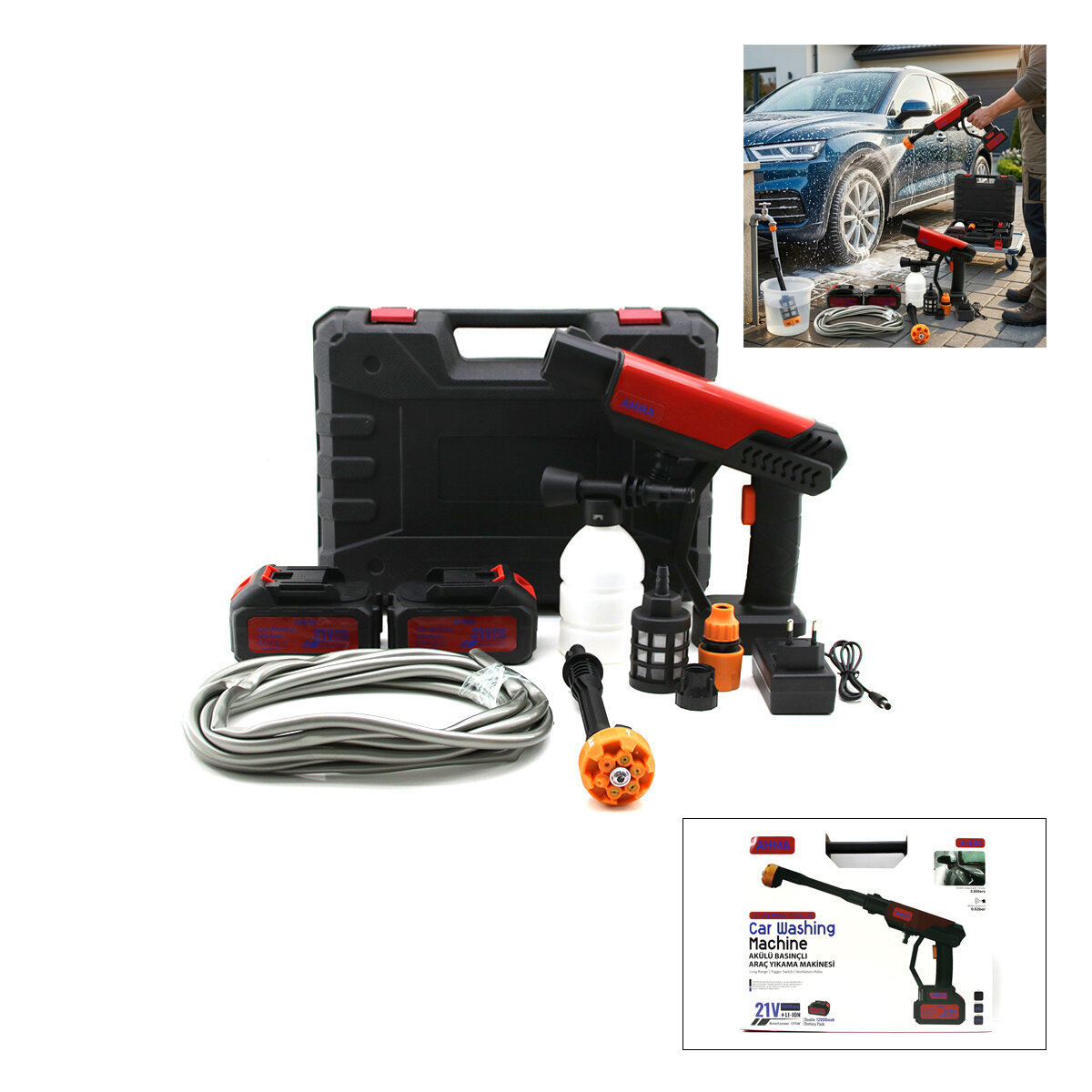 OTO - ARAÇ YIKAMA MAKİNESİ ŞARJLI - YEDEK BATARYALI 135W - 19000 RPM 12000 mAh - 21V 0.62bar A-130