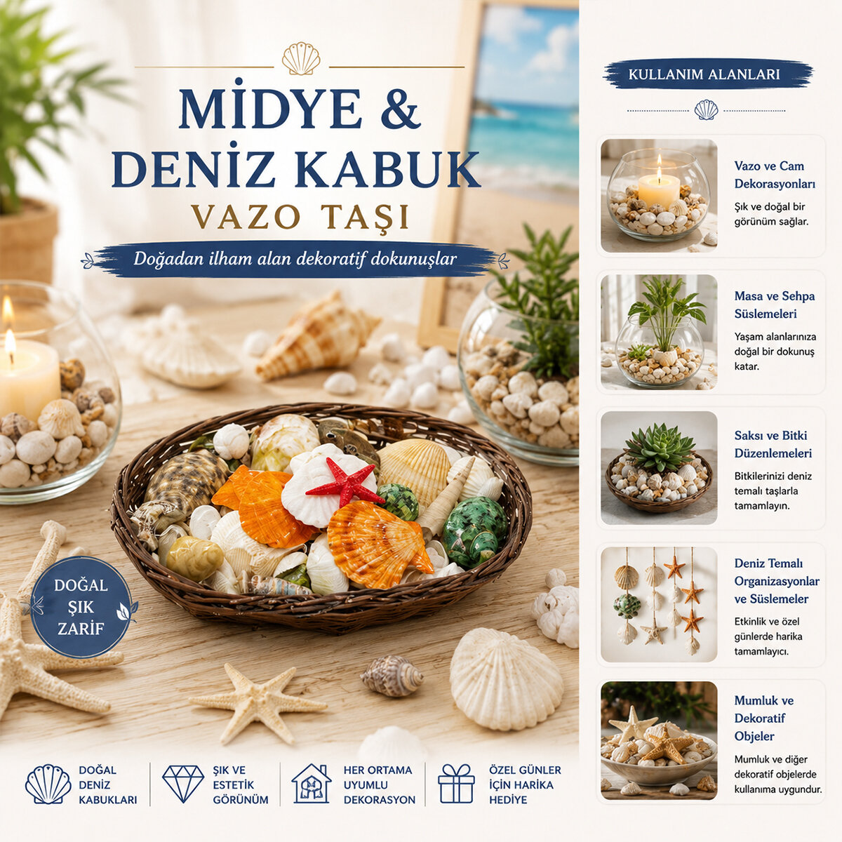 OVAL AHŞAP SEPET RENKLİ MİX MİDYE - DENİZ KABUK VAZO TAŞI