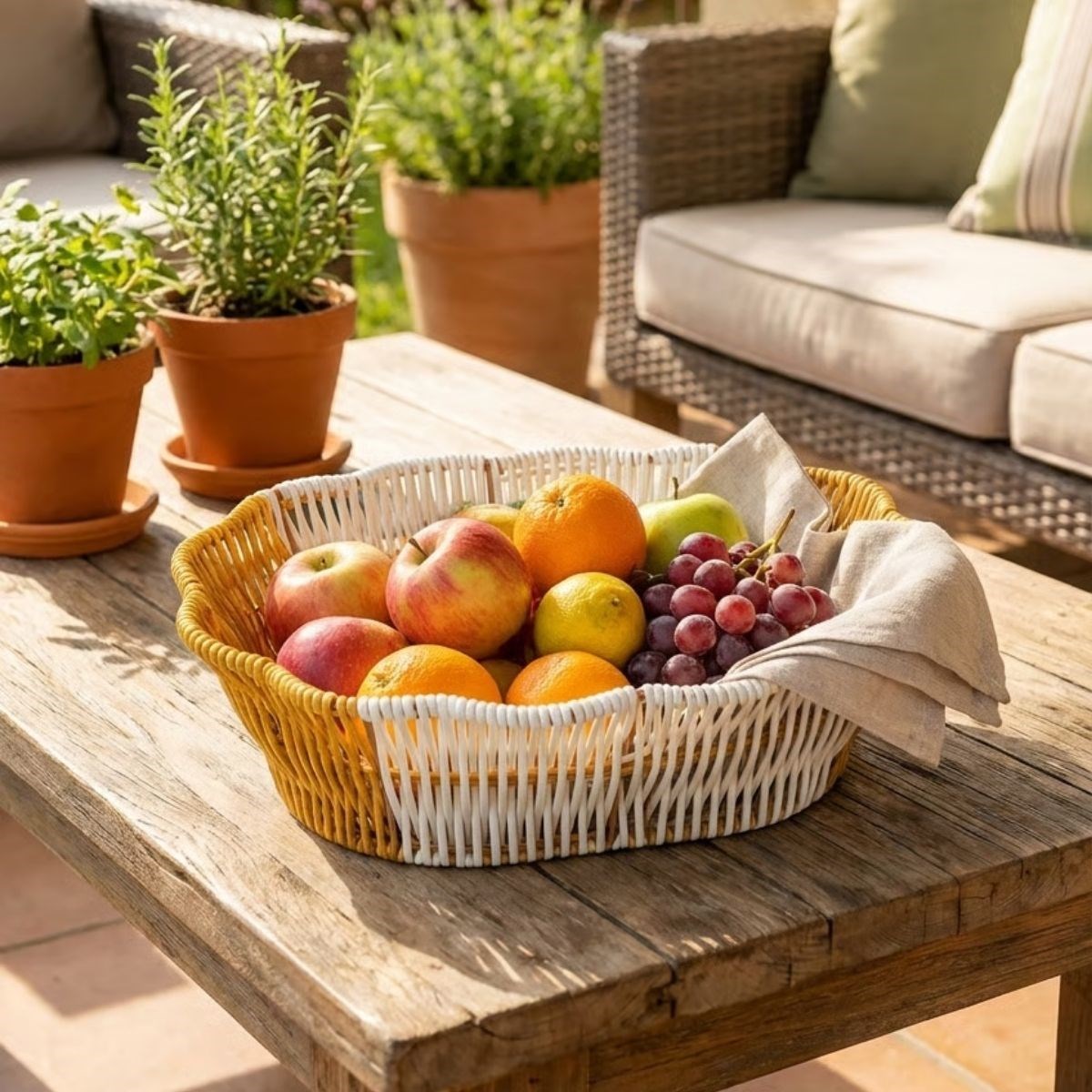 Oval Çift Renkli Plastik Rattan Ekmek ve Meyve Sepeti - Çok Amaçlı Banyo ve Mutfak Düzenleyici - Yıkanabilir Dekoratif Tezgâh Üstü Organiz