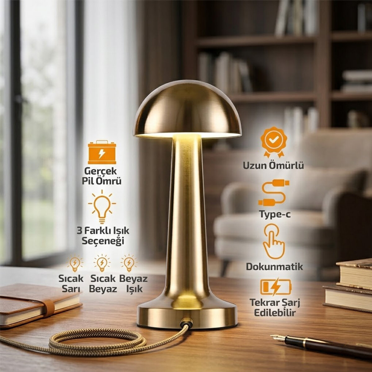 OVAL - METAL MANTAR MASA LAMBASI DOKUNMATİK - RENKLİ TYPE-C ŞARJLI 3 FONKSİYONLU YL86-1231