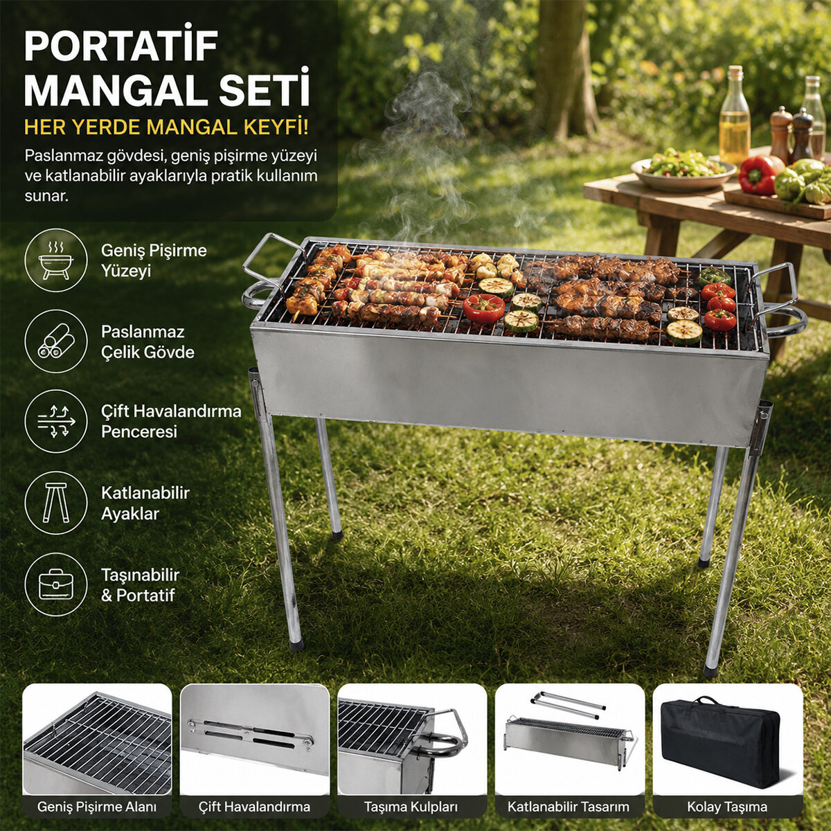 PASLANMAZ MANGAL PORTATİF AYAKLI - STANDLI 70CM