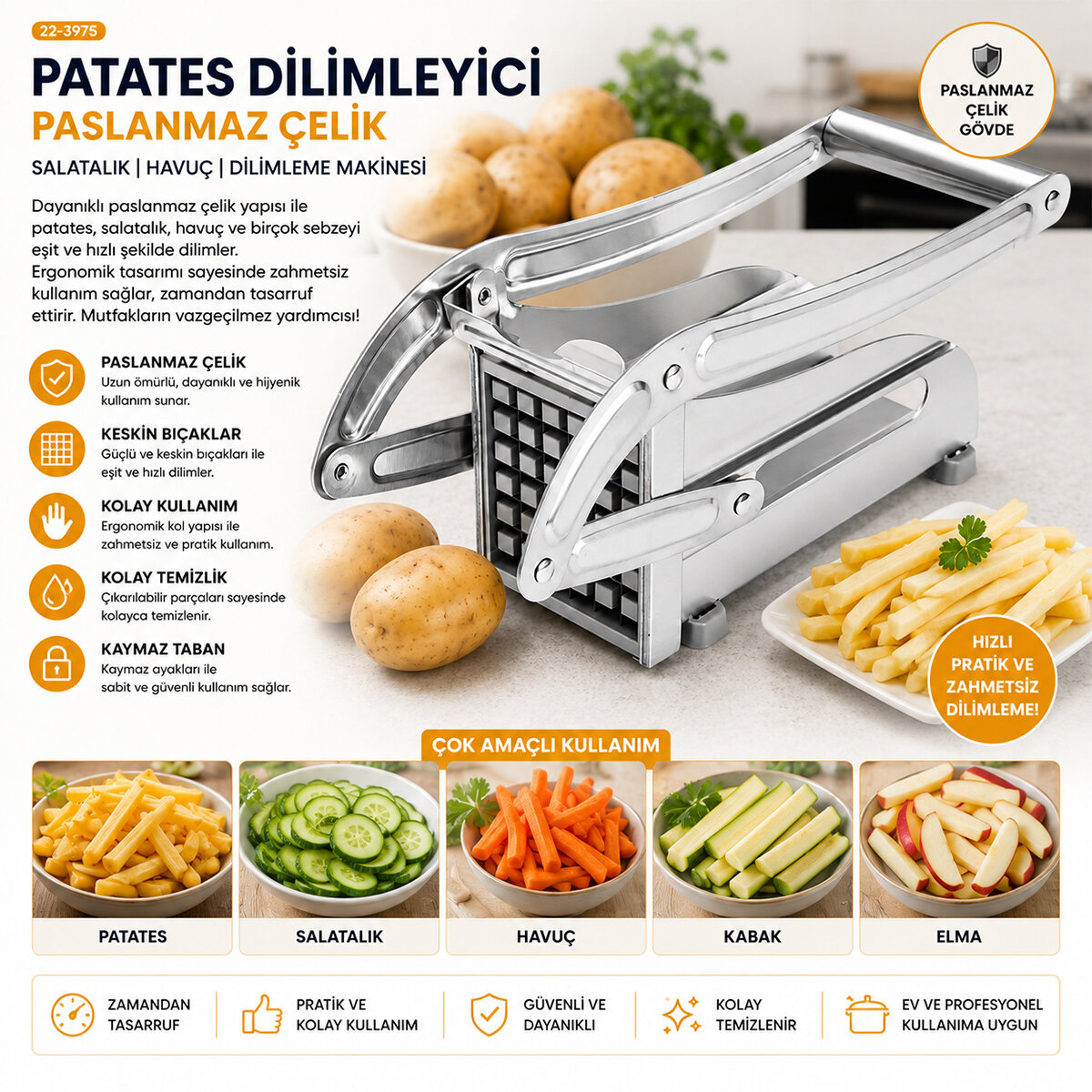 PATATO-CHIPPER MANUEL PATATES - SEBZE DİLİMLEME MAKİNESİ KOMPLE METAL ÜSTTEN KOLLU