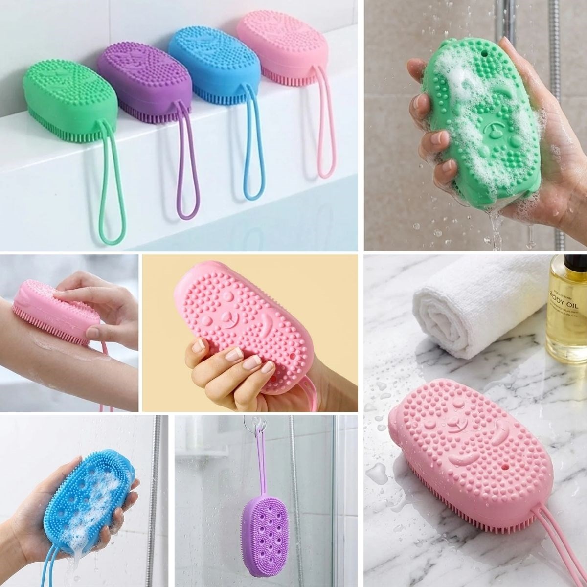 Peeling Etkili Süngerli Silikon Banyo Lifi – Asma Kancalı Duş Kesesi