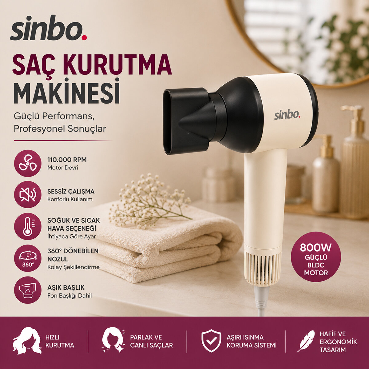 PEMBE SAÇ KURUTMA MAKİNESİ 110.000 RPM SESSİZ ÇALIŞMA - 3 HIZ - SICAKLIK AYAR SHD-1755