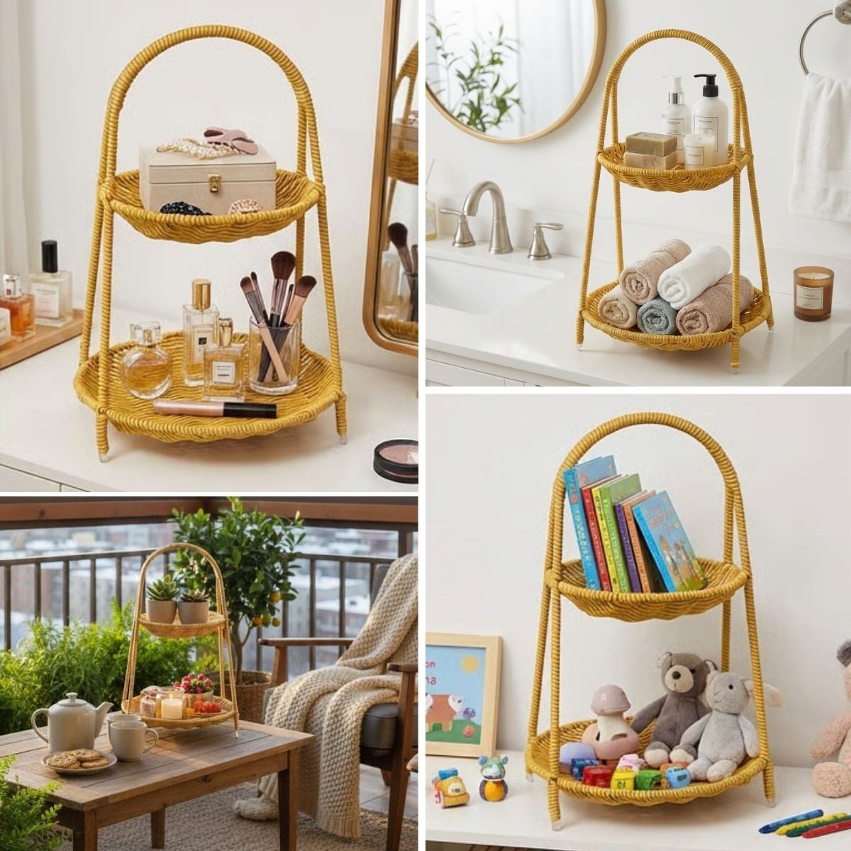 Plastik Rattan İki Katlı Sunumluk–Dekoratif Organizer, Mutfak Meyve,Sebze Sepeti, Banyo Düzenleyici Raf,Masaüstü Çok Amaçlı Sunum Standı