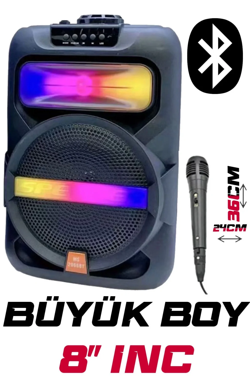 Platoon PL-4361 BT USB SD AUX 8 İNÇ Mikrofonlu Anfi Yüksek SES Taşınabilir RGB Işıklı Hoparlör
