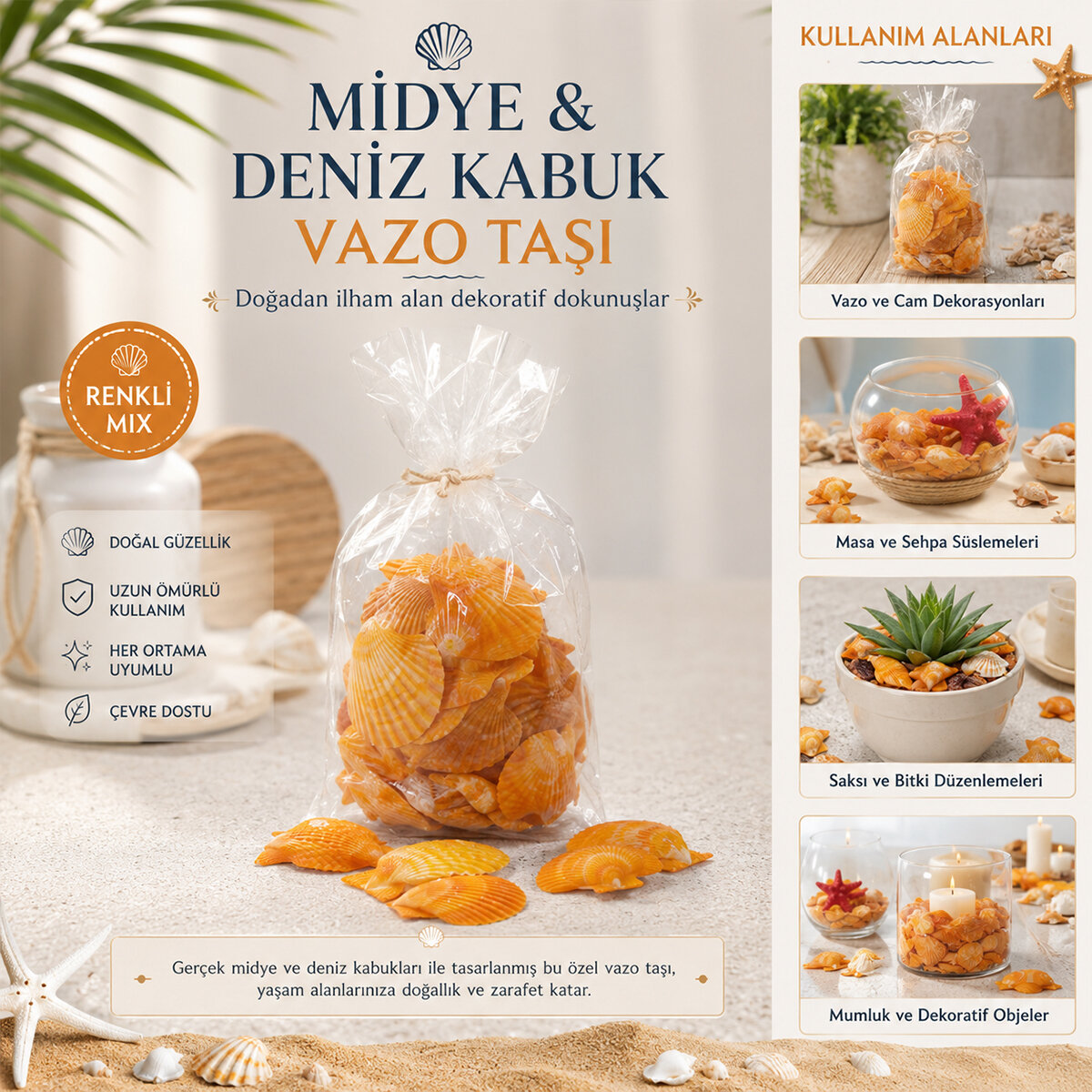 POŞETLİ RENKLİ MİX MİDYE - DENİZ KABUK VAZO TAŞI