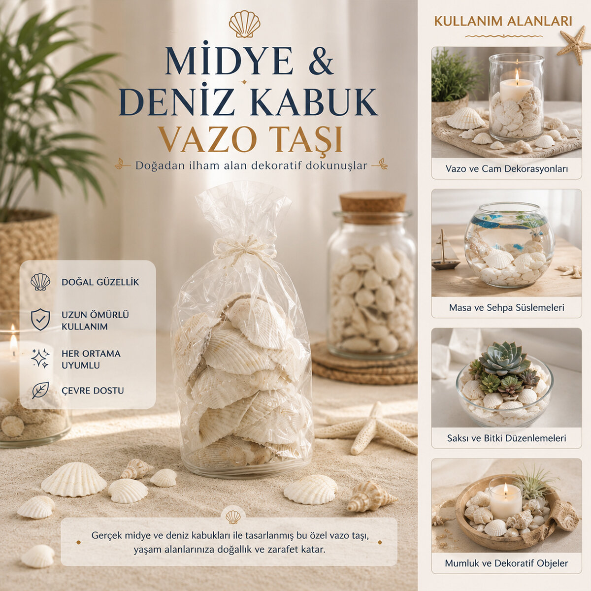POŞETLİ RENKLİ MİX MİDYE - DENİZ KABUK VAZO TAŞI
