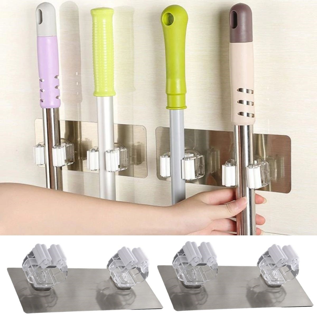 Pratik Organizer 4'lü Yapışkanlı Fırça Paspas Mop Fırça Sabitleyici Ergonomik Alet Aparatı