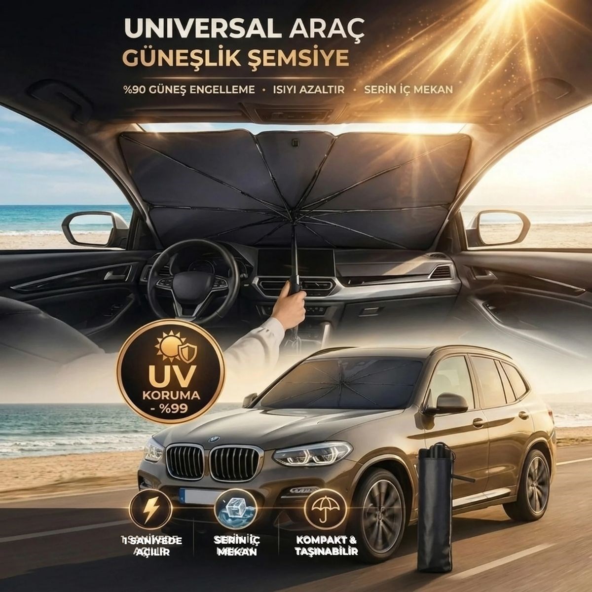 Premium Katlanabilir Araç Ön Cam Güneşliği – Şemsiye Tipi Oto Güneşlik, UV Korumalı Isı Yalıtımlı Ön Cam Gölgelik