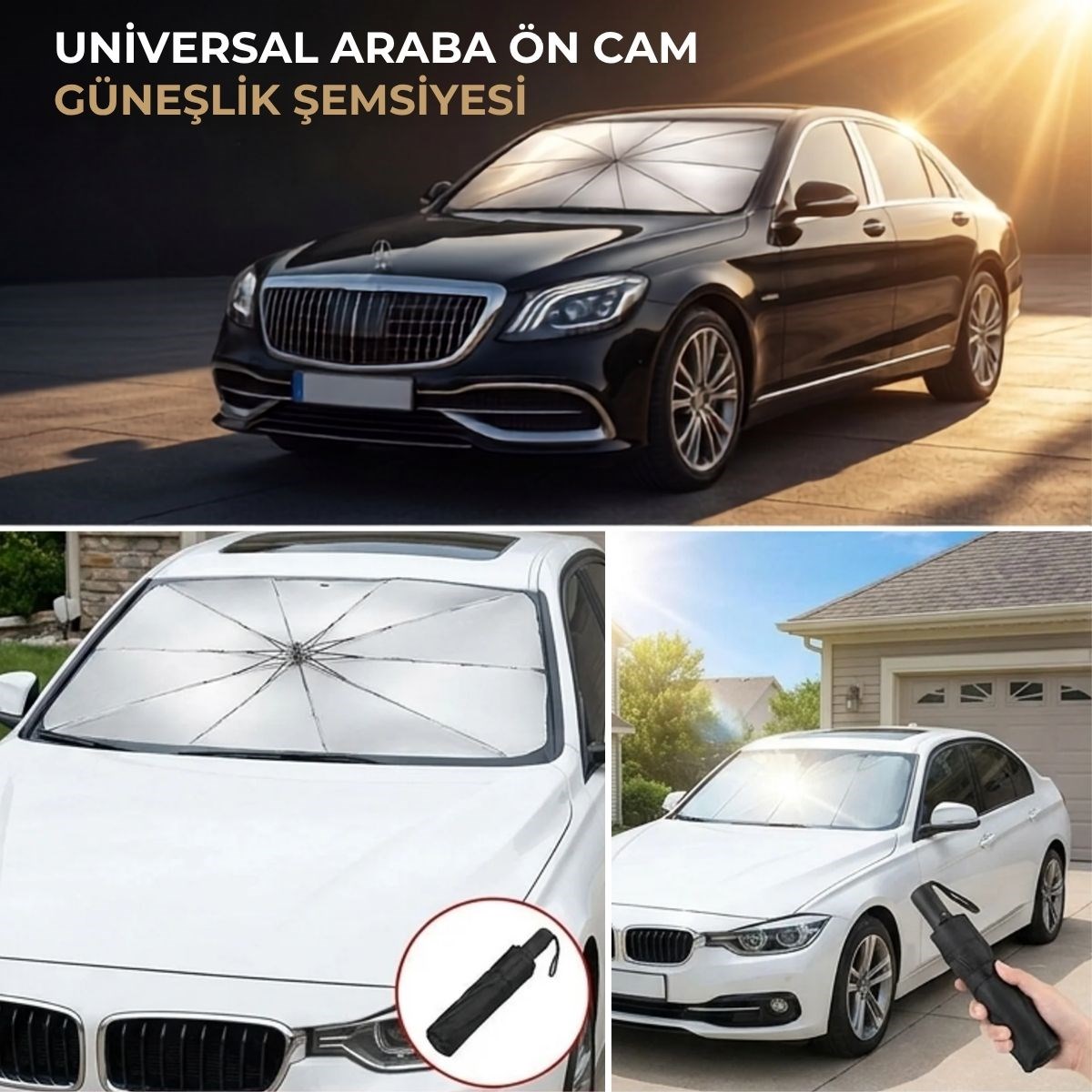Premium Katlanabilir Araç Ön Cam Güneşliği – Şemsiye Tipi Oto Güneşlik, UV Korumalı Isı Yalıtımlı Ön Cam Gölgelik