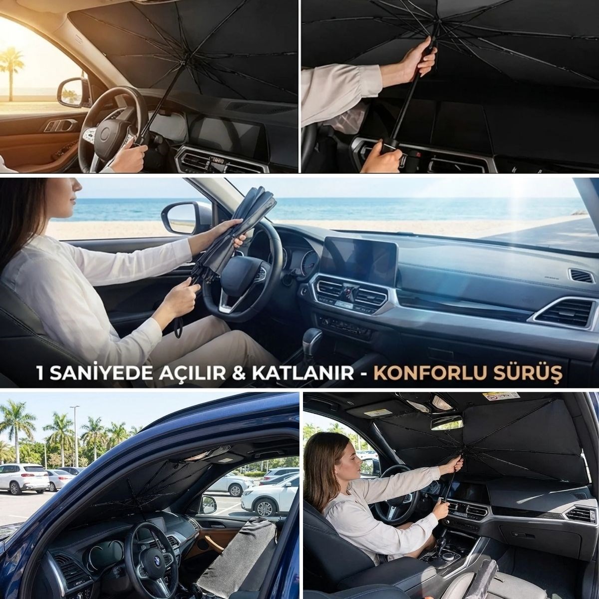 Premium Katlanabilir Araç Ön Cam Güneşliği – Şemsiye Tipi Oto Güneşlik, UV Korumalı Isı Yalıtımlı Ön Cam Gölgelik