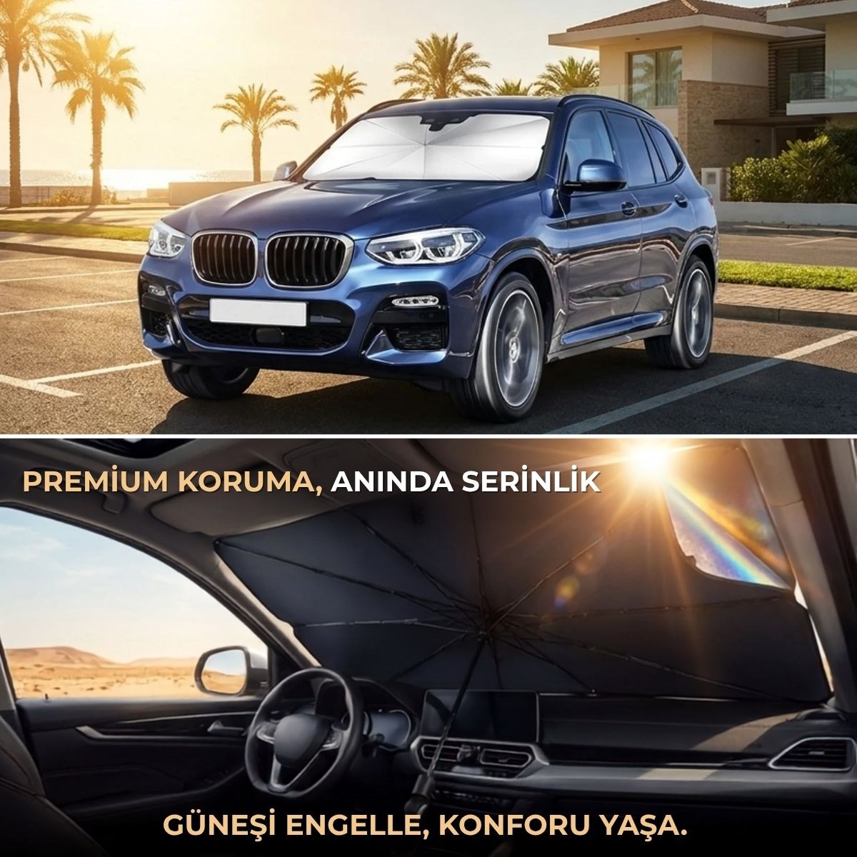 Premium Katlanabilir Araç Ön Cam Güneşliği – Şemsiye Tipi Oto Güneşlik, UV Korumalı Isı Yalıtımlı Ön Cam Gölgelik
