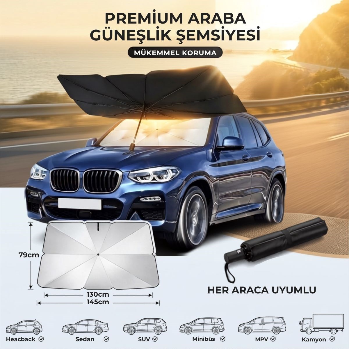 Premium Katlanabilir Araç Ön Cam Güneşliği – Şemsiye Tipi Oto Güneşlik, UV Korumalı Isı Yalıtımlı Ön Cam Gölgelik