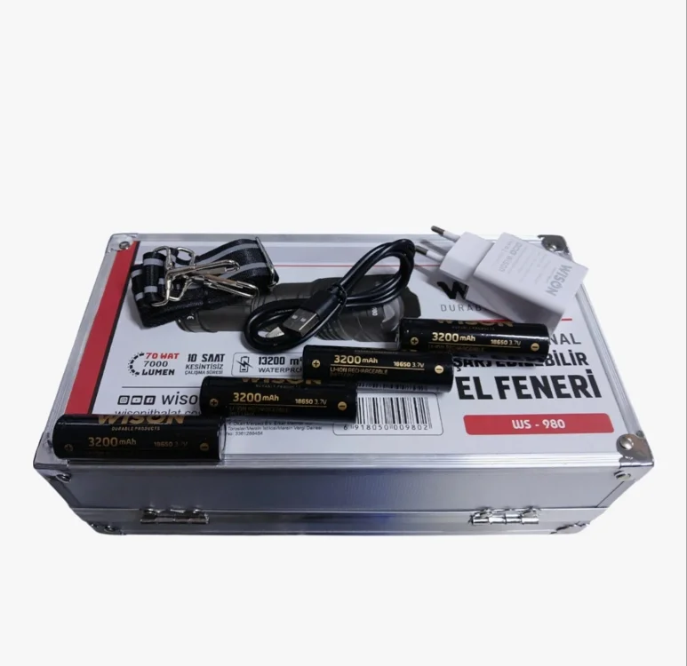 Profesyonel Zoomlu El Feneri | 60w – 7000 Lümen – 13.200 Mah – Type‑c – Metal Gövde