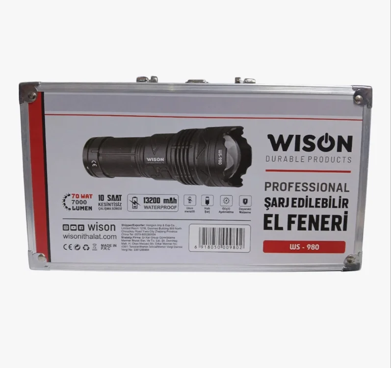 Profesyonel Zoomlu El Feneri | 60w – 7000 Lümen – 13.200 Mah – Type‑c – Metal Gövde