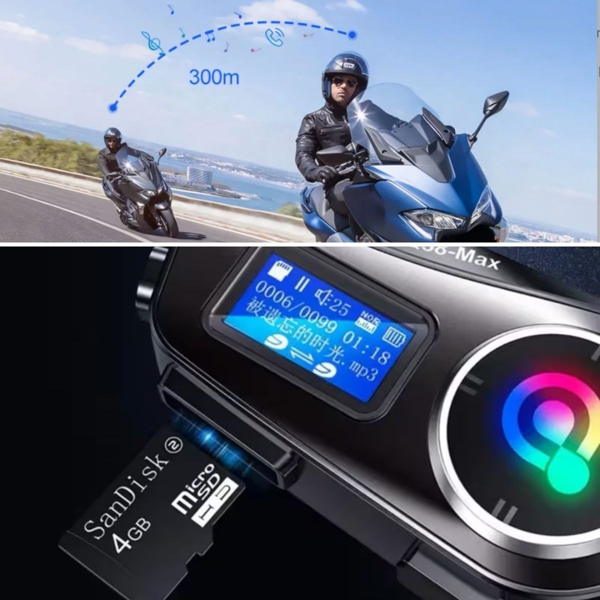 Q58 Motorsikletler İçin Fener Özellikli SD Kart Bölümlü LCD Ekranlı Kablosuz Bluetooth Kulaklıklı – Suya Dayanıklı Kask Kulaklığı