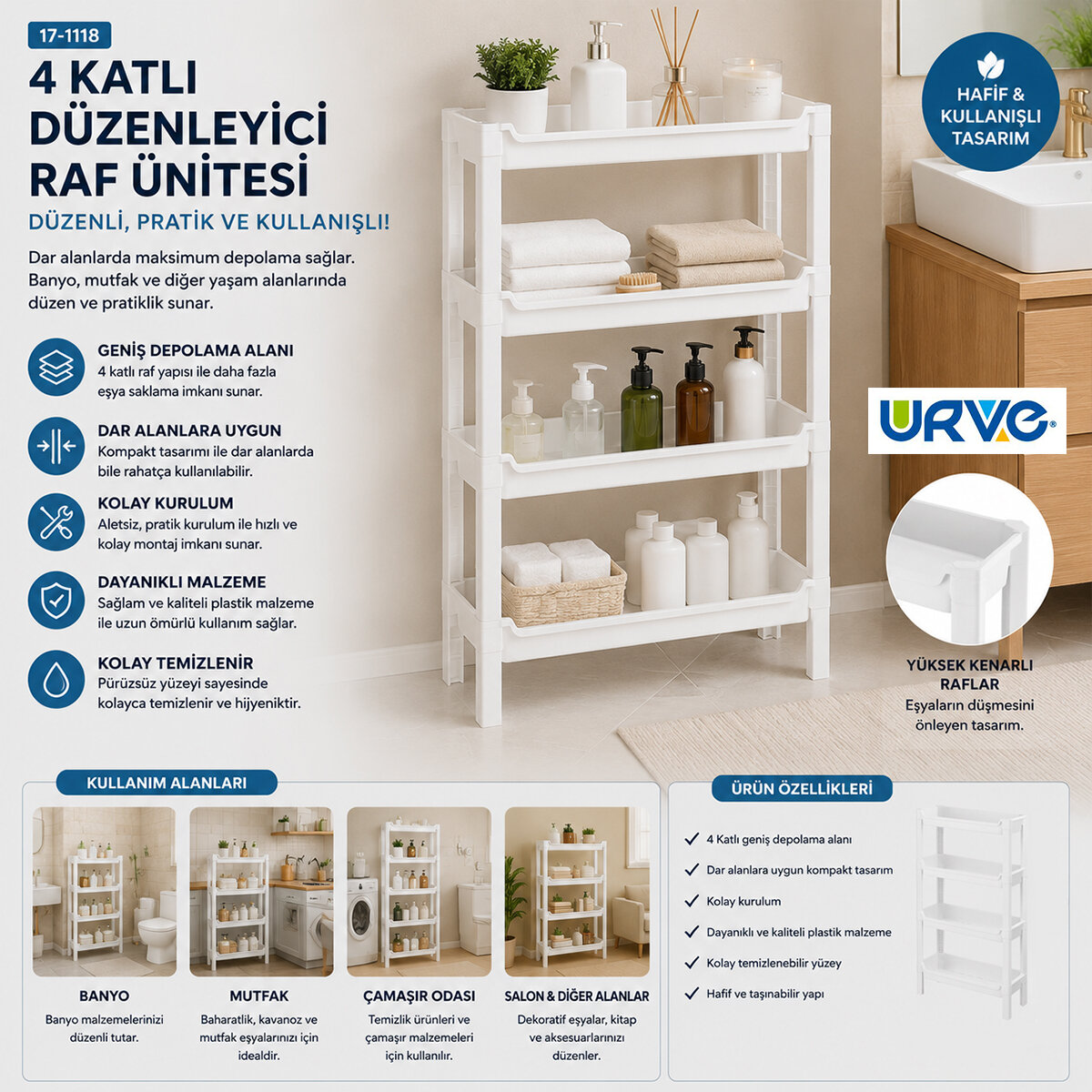 RAFTY 4 KATLI SEPET ORGANİZER DÜZENLEYİCİ RAF ÜNİTESİ 465X145X690MM