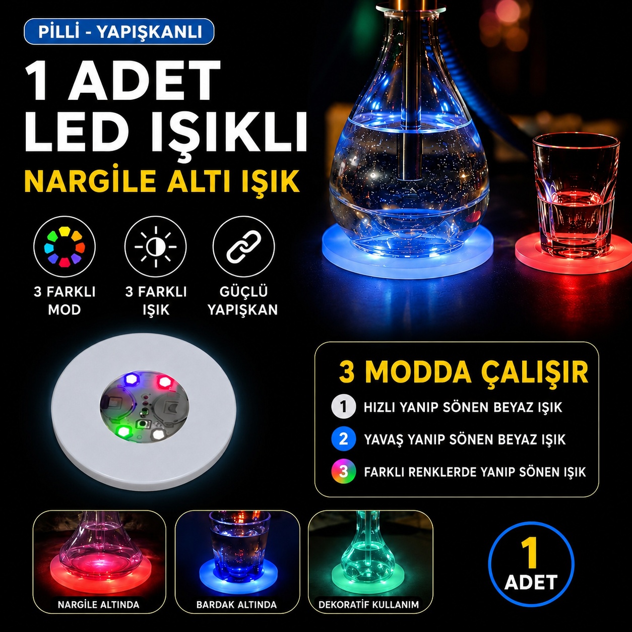 RGB LED Nargile Altı Işık 1 Adet 6 CM Çapındadır