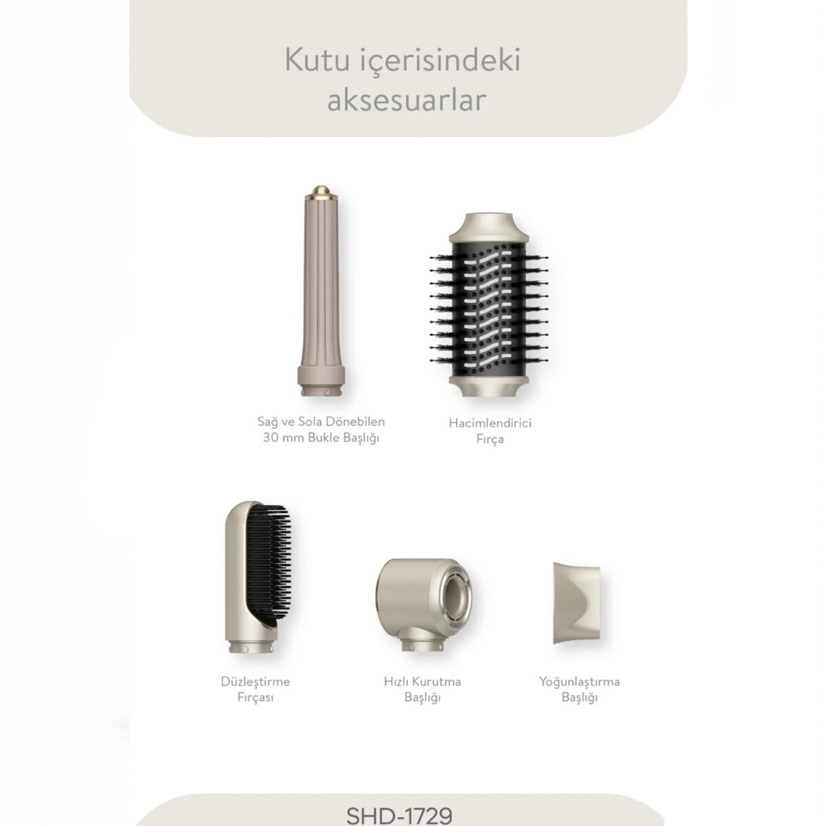 ROSE GOLD AİR BRUSH 5İN1=BUKLE-HACİMLE-DÜZLEŞTİR-2-FIRÇA SAÇ KURUTMA - ŞEKİL MAKİNESİ 1300W3-KDM.HIZ - DERECE SHD-1729