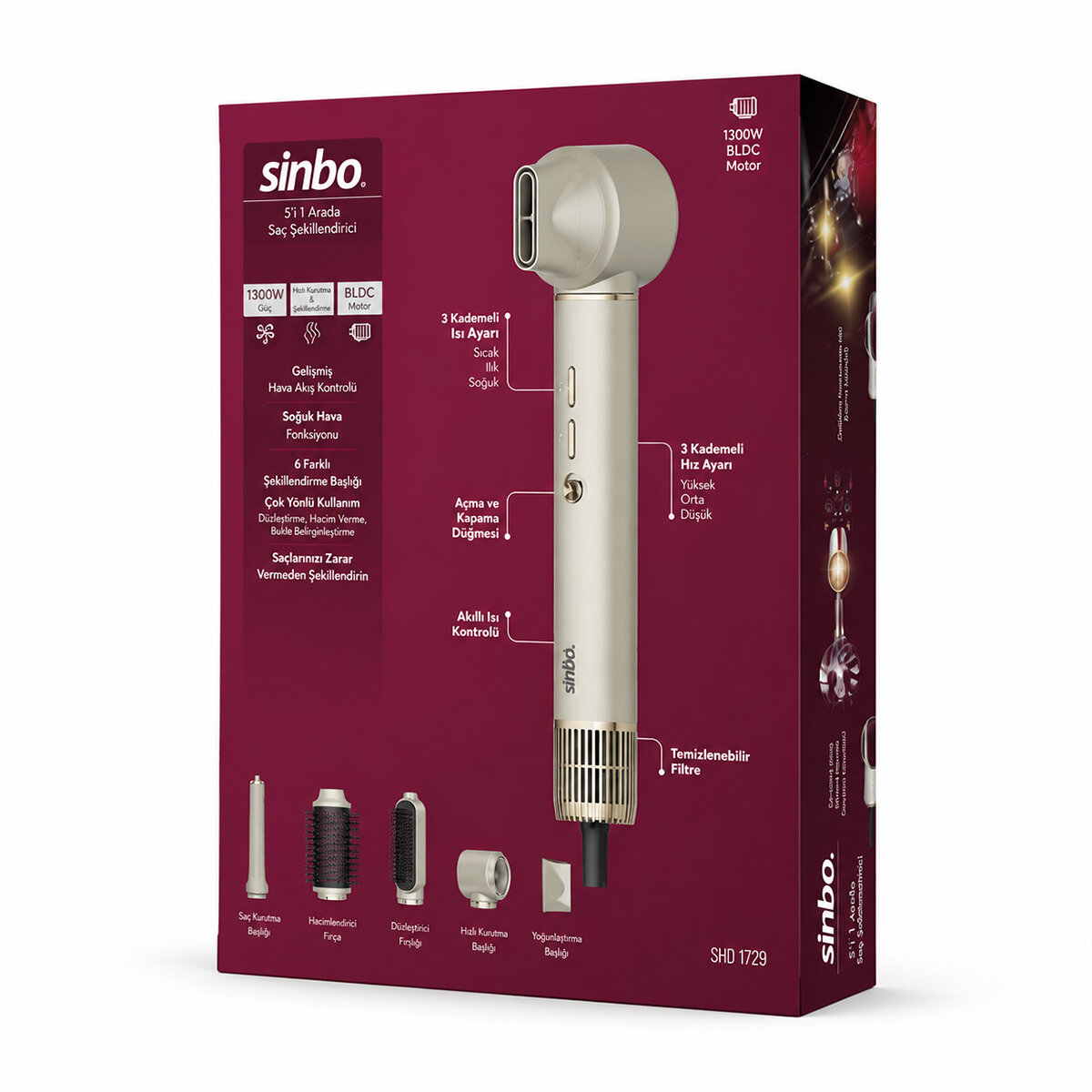 ROSE GOLD AİR BRUSH 5İN1=BUKLE-HACİMLE-DÜZLEŞTİR-2-FIRÇA SAÇ KURUTMA - ŞEKİL MAKİNESİ 1300W3-KDM.HIZ - DERECE SHD-1729