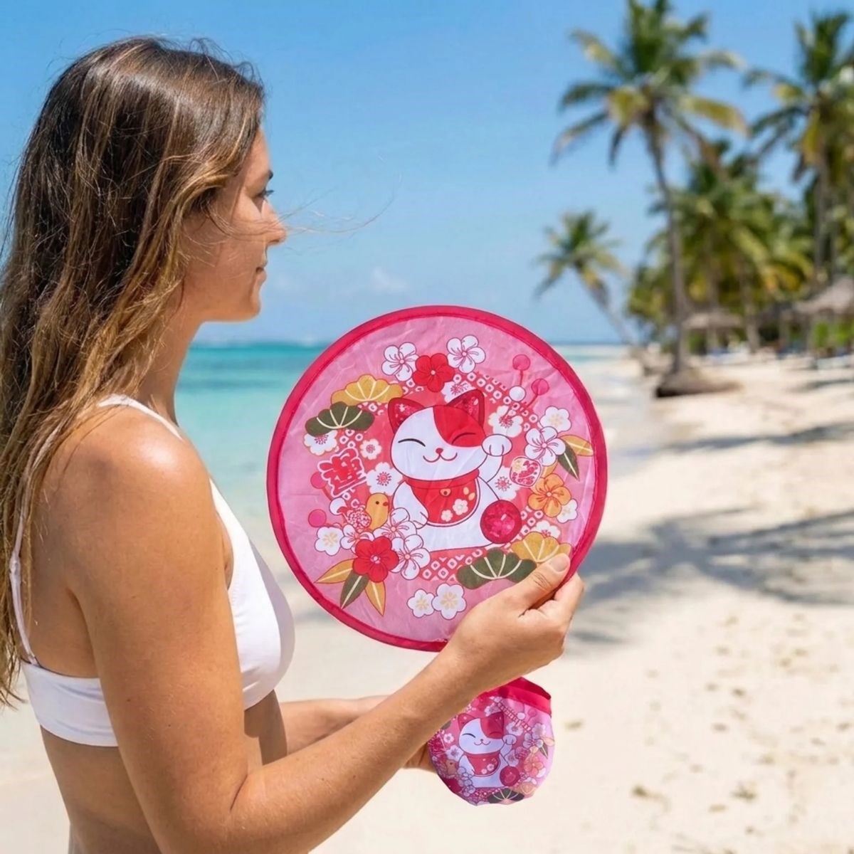 Şanslı Kedi (Maneki Neko) Desenli Katlanabilir Cep Yelpazesi - Kılıflı Sevimli El Yelpazesi