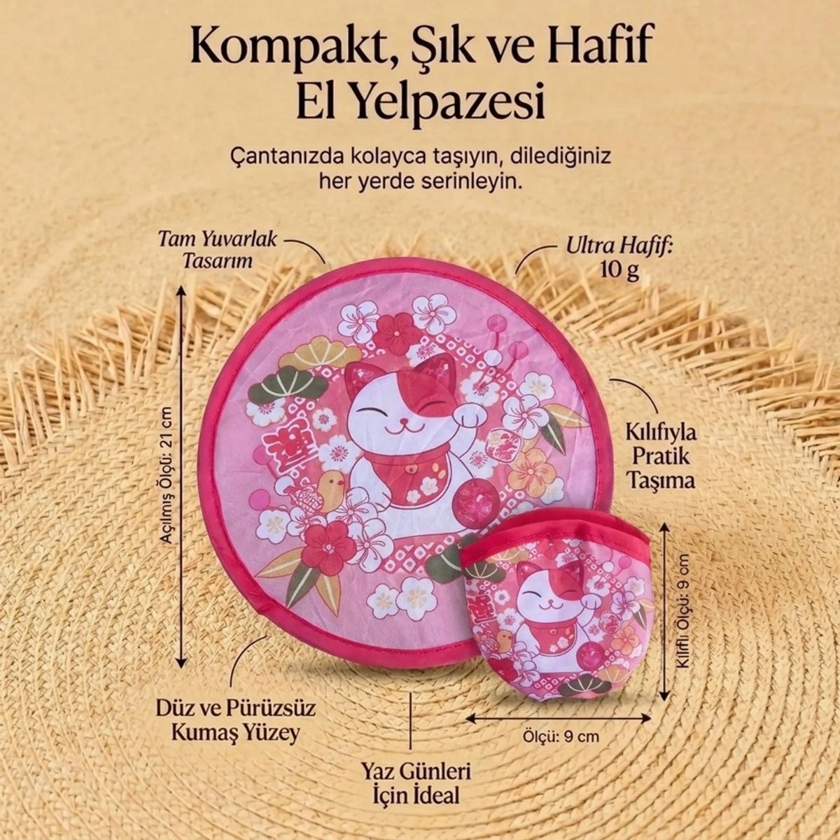 Şanslı Kedi (Maneki Neko) Desenli Katlanabilir Cep Yelpazesi - Kılıflı Sevimli El Yelpazesi