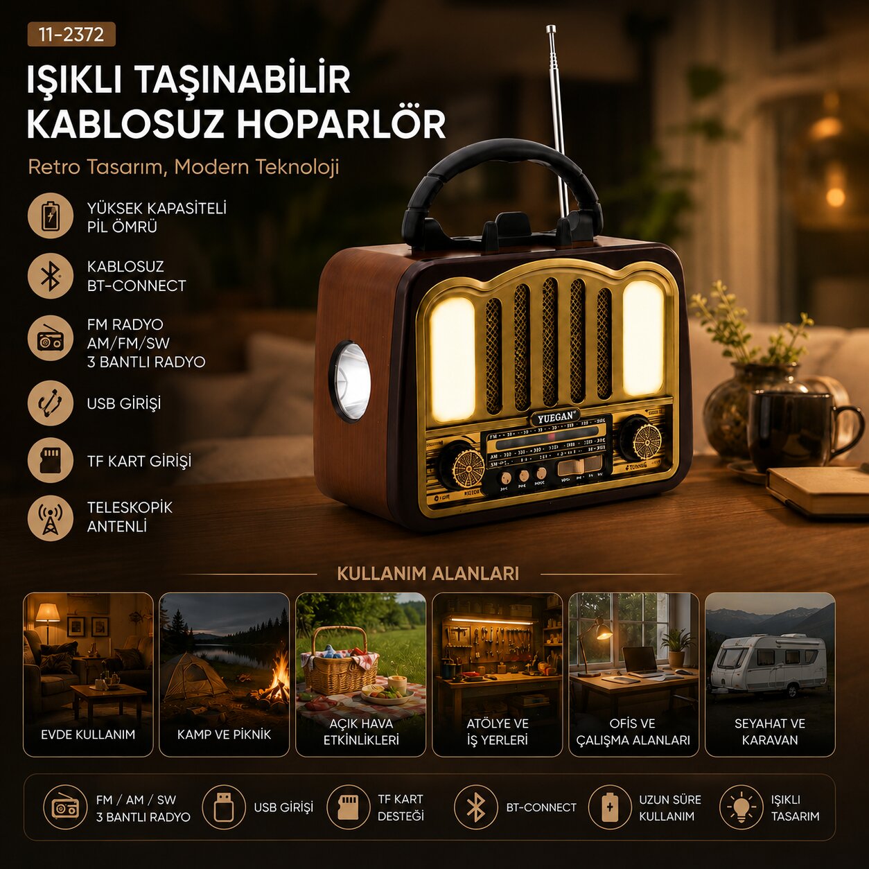 ŞARJLI - NOSTALJİ BLUETOOTH İBRELİ FM RADYO MP3 USB - TF PLAYER SPEAKER PL-4702