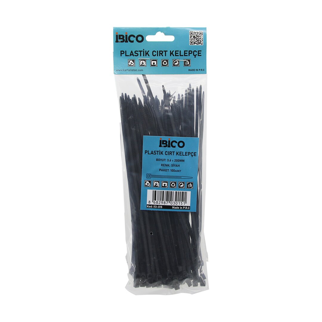 SİYAH   3.6X200MM  PLASTİK CIRT KELEPÇE  100PCS