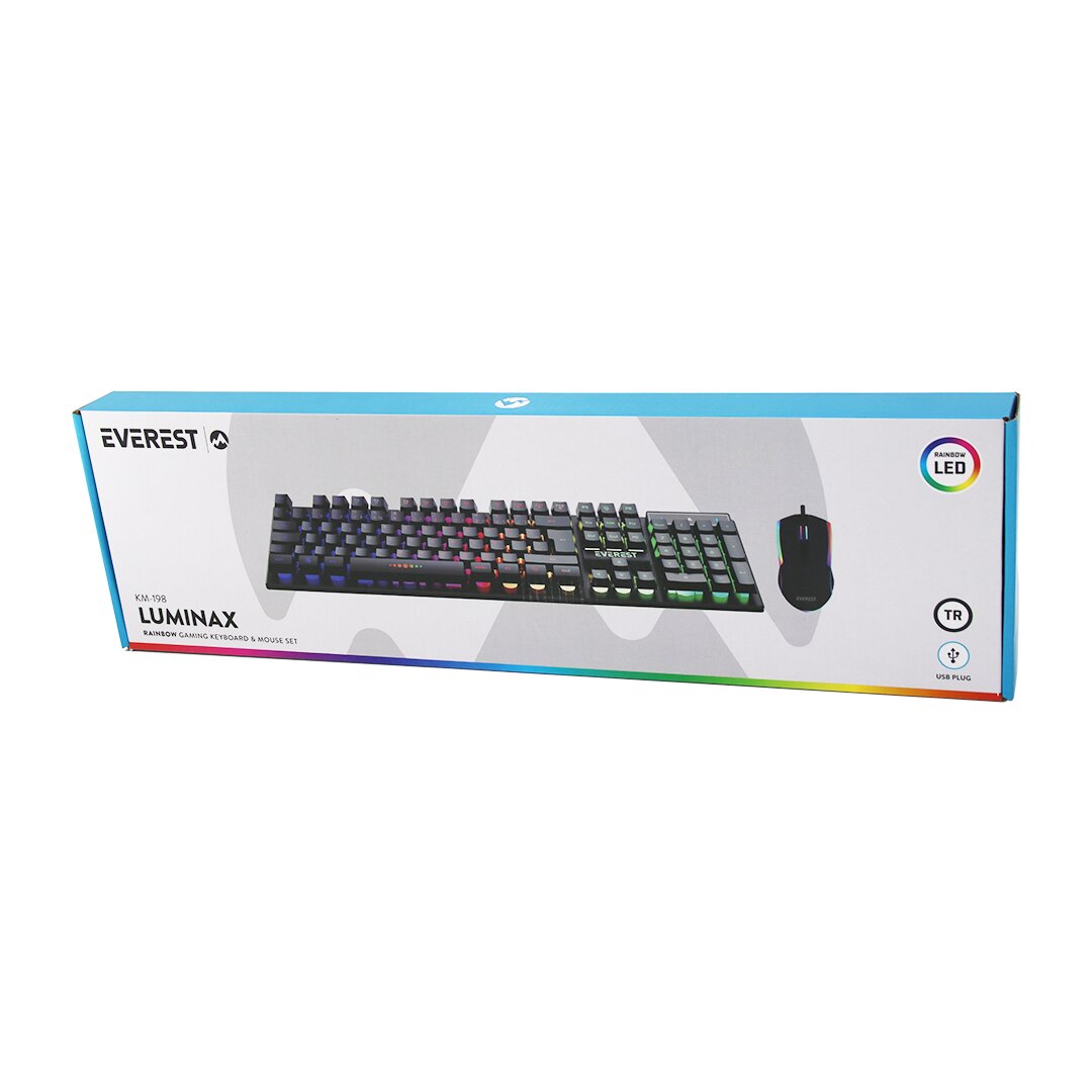 SİYAH GÖKKUŞAĞI IŞIKLI USB KABLOLU OYUNCU KLAVYE - MOUSE SET