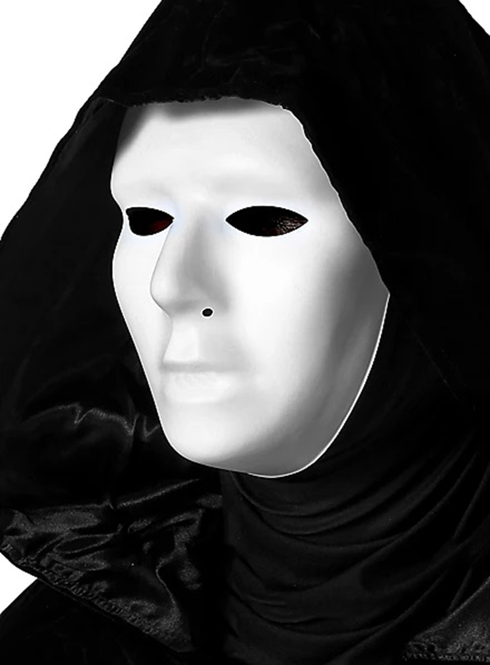 Siyah Kapüşonlu 120 cm Pelerin ve Beyaz Boyanabilir Tam Yüz Maske