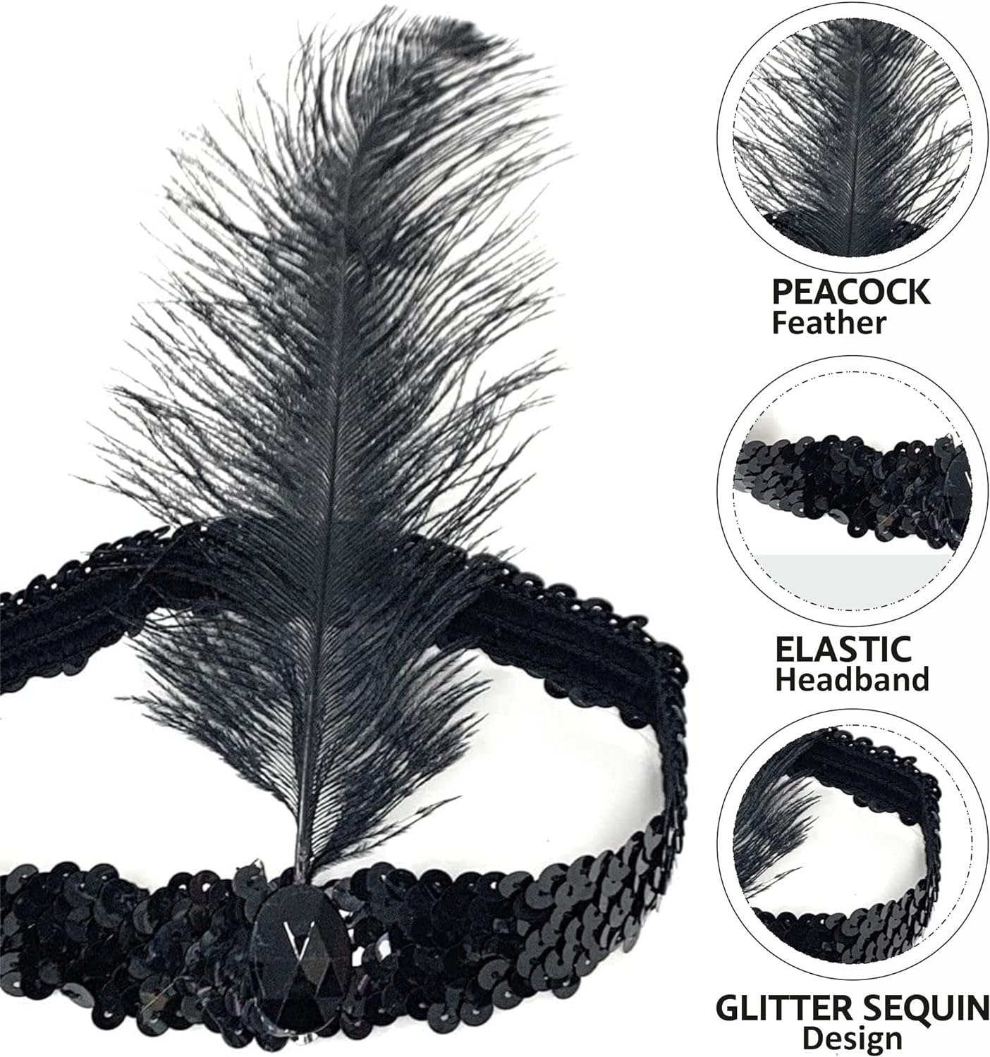 Siyah Renk Tüylü Çarliston Saç Bandı Kafa Bandı