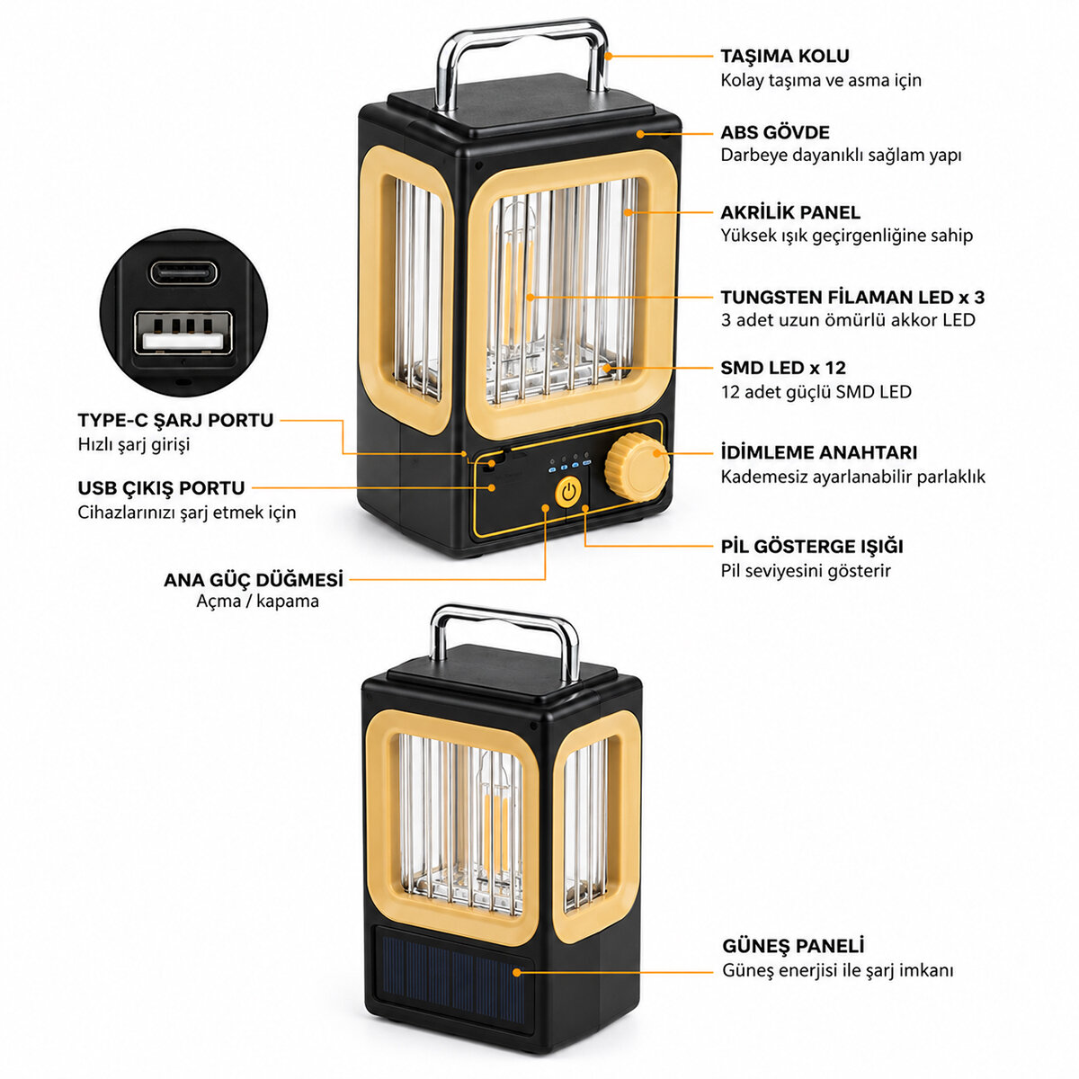 SOLAR - GÜNEŞ ENERJİLİ USB ŞARJLI NOSTALJİ SOLAR LAMBA 1500mAh HS-234