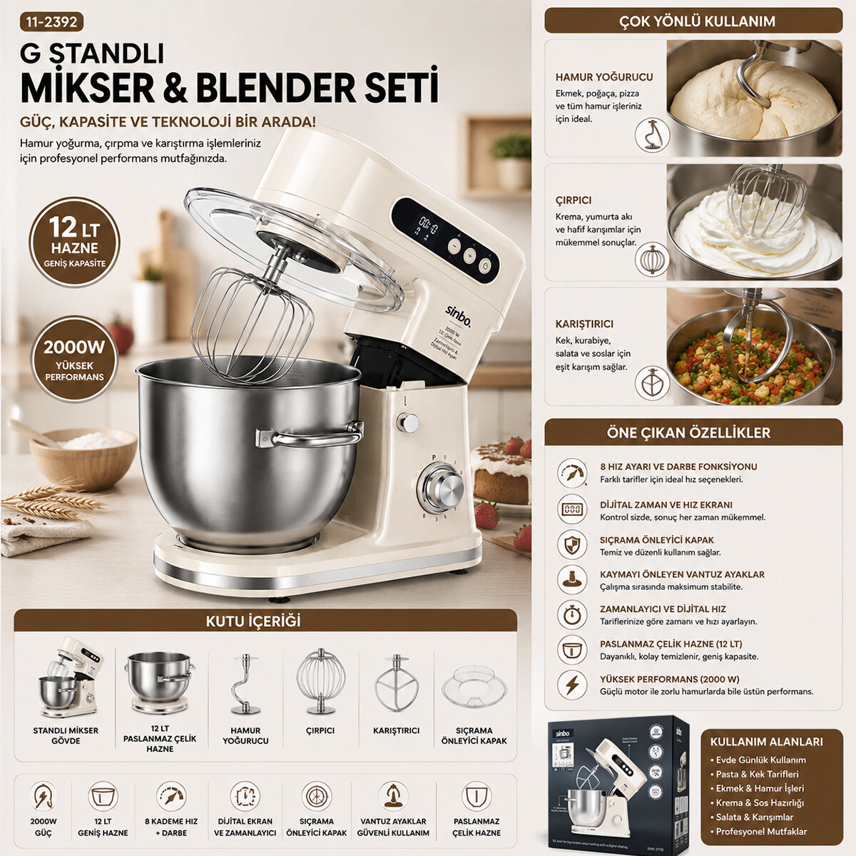 STANDLI MİKSER - BLENDER SETİ HAMUR YOĞURUCU - ÇIRPICI - KARIŞTIRICI 8KADEM. HIZ AYAR 12LT HAZNE 2000W SMX-2779