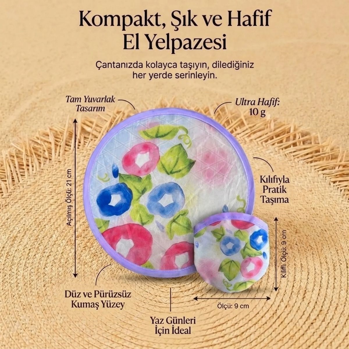 Sulu Boya Çiçek Desenli Katlanabilir Cep Yelpazesi - Kılıflı Yuvarlak Kumaş El Yelpazesi