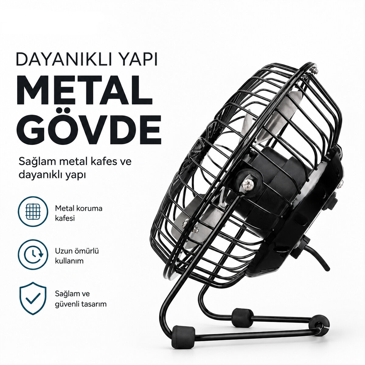 USB ŞARJLI - METAL GÖVDE 14.5X7.5X15CM MİNİ MASAÜSTÜ FAN - VANTİLATÖR EFN-482