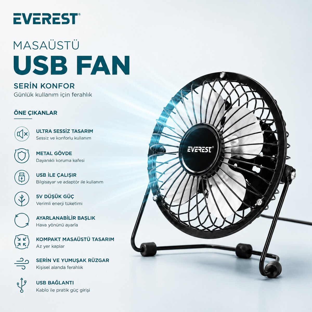 USB ŞARJLI - METAL GÖVDE 14.5X7.5X15CM MİNİ MASAÜSTÜ FAN - VANTİLATÖR EFN-482