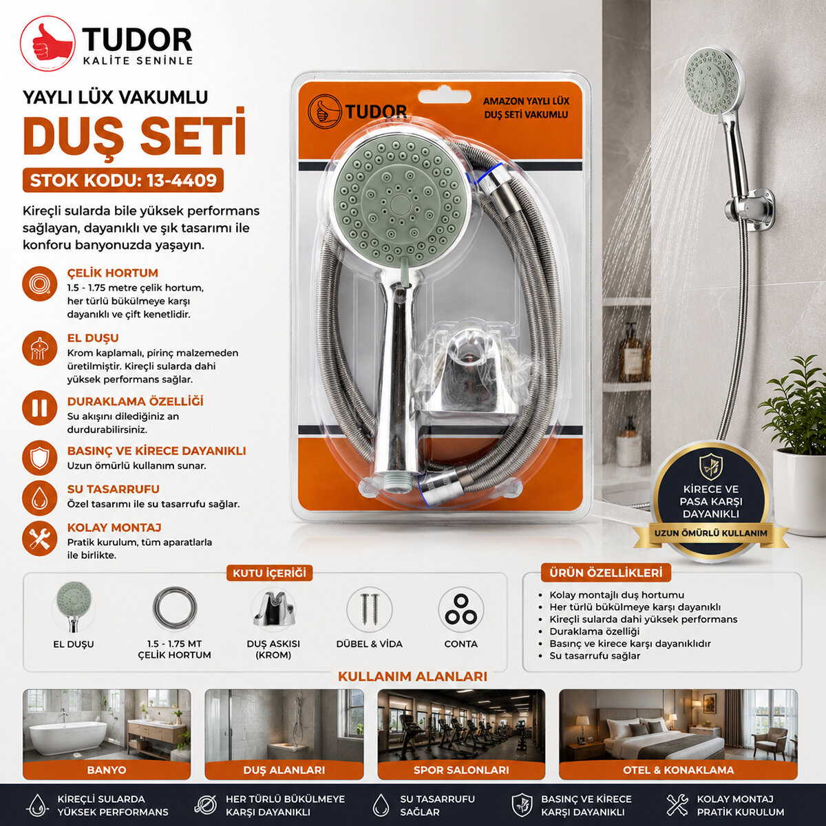 VAKUMLU - KROM LÜKS DUŞ SETİ METAL YAYLI HORTUM=150CM MAFSAL