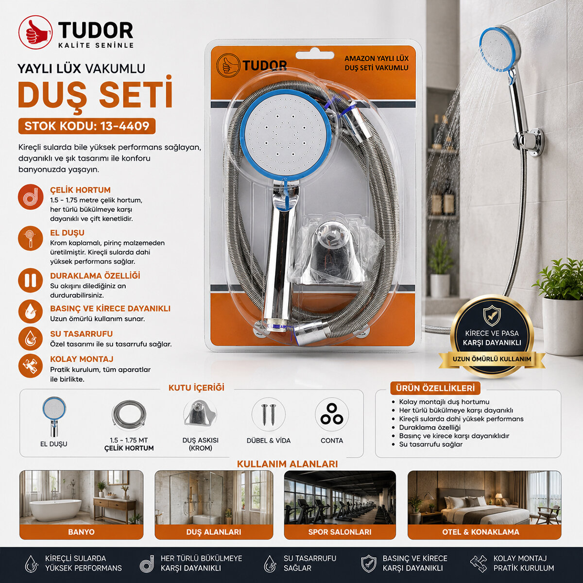 VAKUMLU - KROM LÜKS DUŞ SETİ METAL YAYLI HORTUM=150CM MAFSAL
