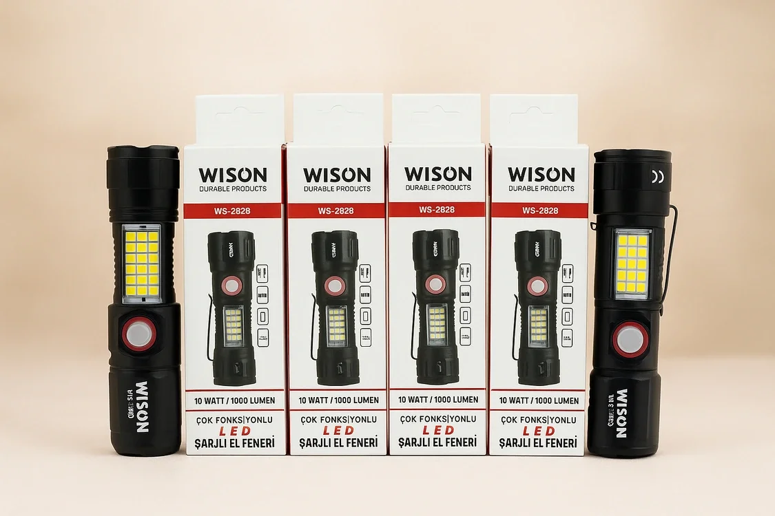 WS-2828 Ultra USB Şarjlı Polis El Feneri, Bekçi, Asker El Feneri Kırmızı Mavi Çakarlı 1000 Lümen